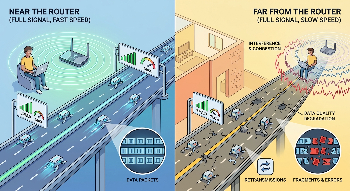 Illustration of a phone showing full WiFi bars while standing far from a router, with walls and interference in between, explaining why signal strength isn't the same as internet speed